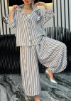 Women's Lapel Striped Casual Cotton and Linen Suit