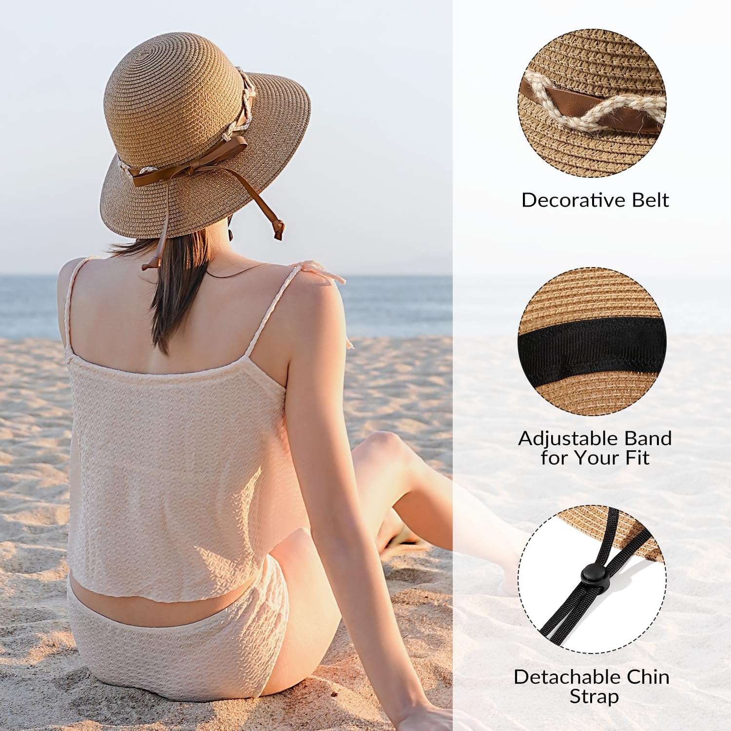 Beach Hat for Women, Wide Brim Sun Straw Hat for Women, Sun Hat Womens UPF 50+ UV Protection, Floppy Foldable Summer Hat