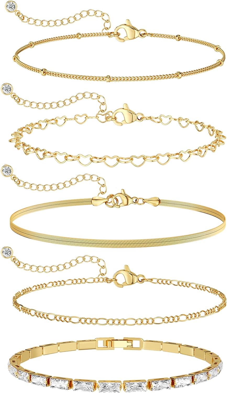 Gold Bracelets for Women, 14K Dainty Gold Plated Stackable Bracelets for Women Trendy Gold Bracelet Stack Set Waterproof Chain Bracelets Paperclip Adjustable Tennis Minimalist Tiny Cute Jewelry