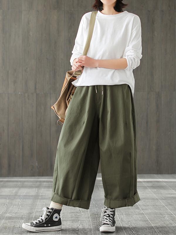 Odessa Vintage Loose Belted Ruffle Cotton Wide Leg Pants with Turnover Hems