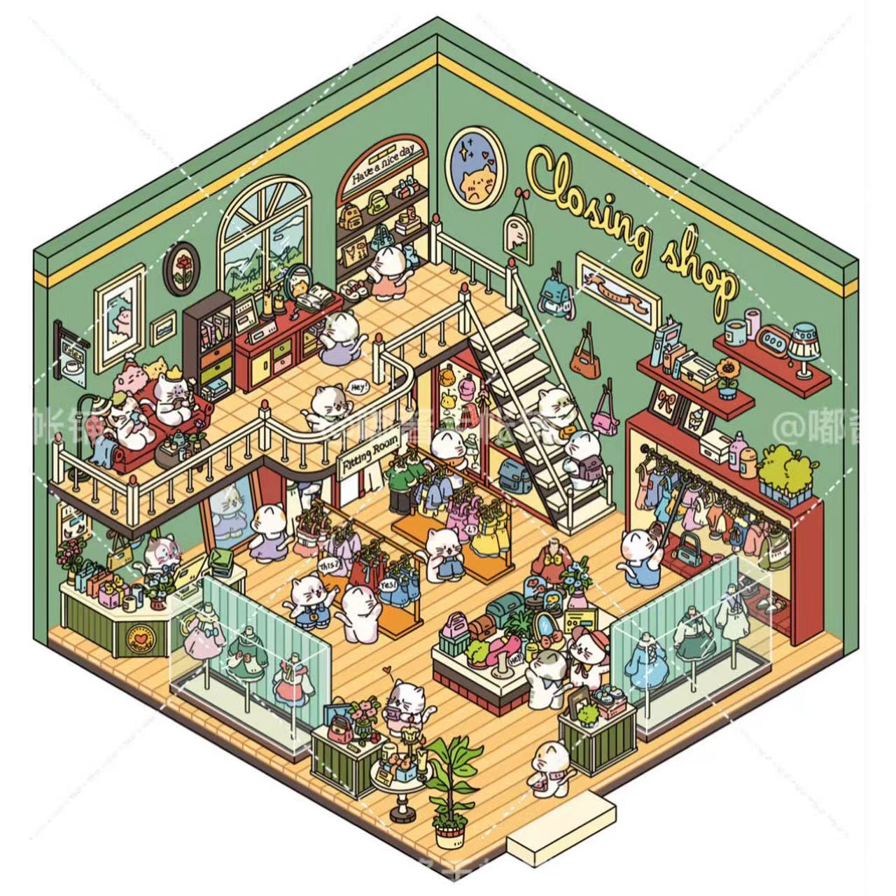 3D Sticker Scene,Make a Sunshine Greenhouse|Coffee Shop|Candy House|Clothing Shop