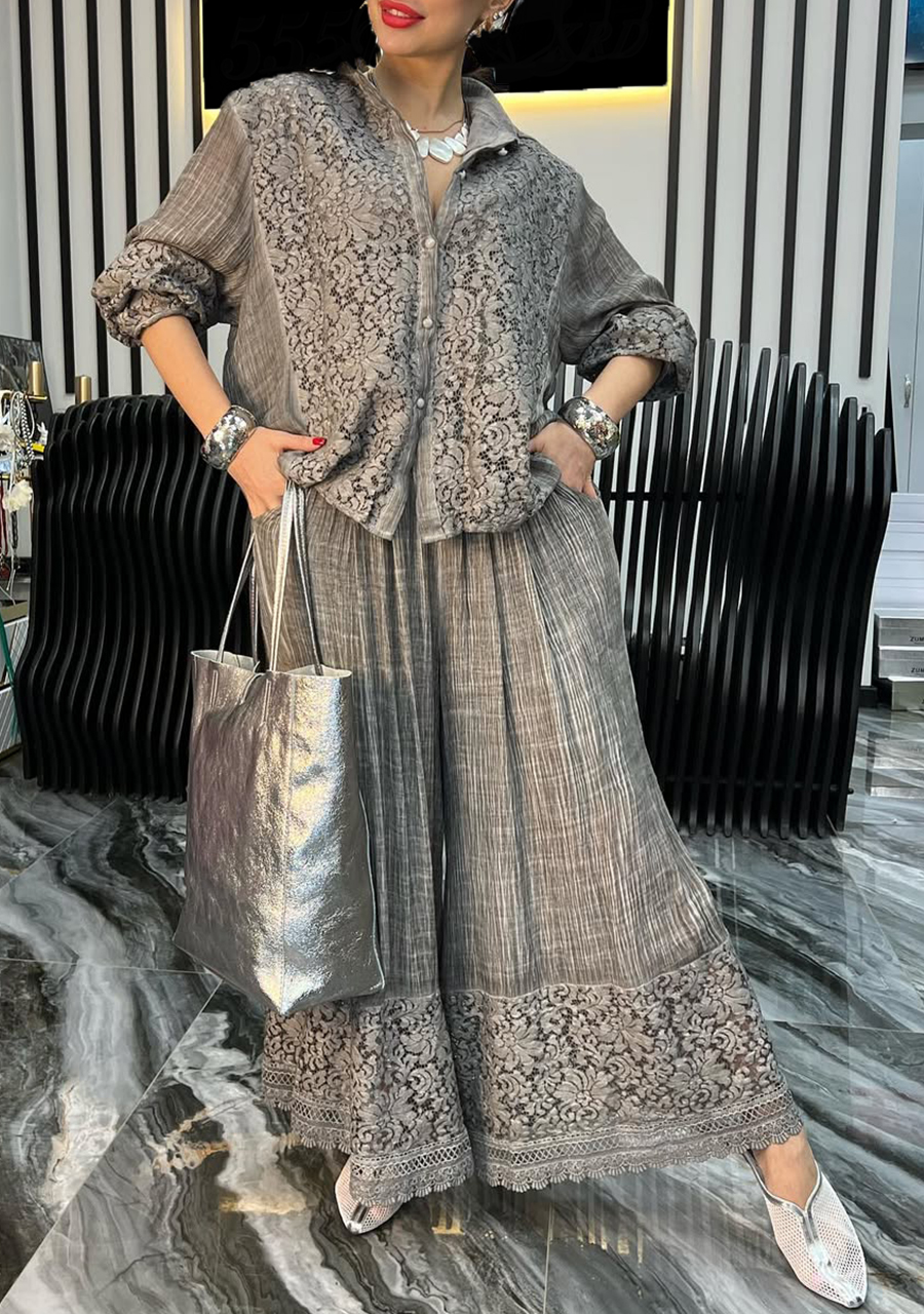 Women's Lapel Lace Stitching Casual Cotton and Linen Suit