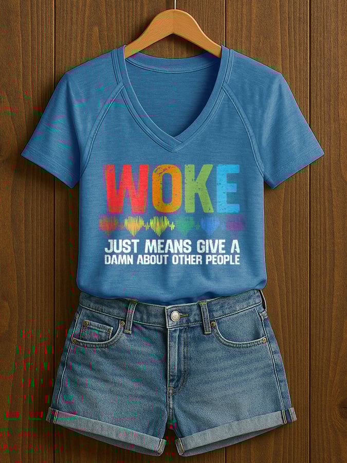 V-Neck Retro Women Woke Just Means Give A Damn About Other People Print T-Shirt