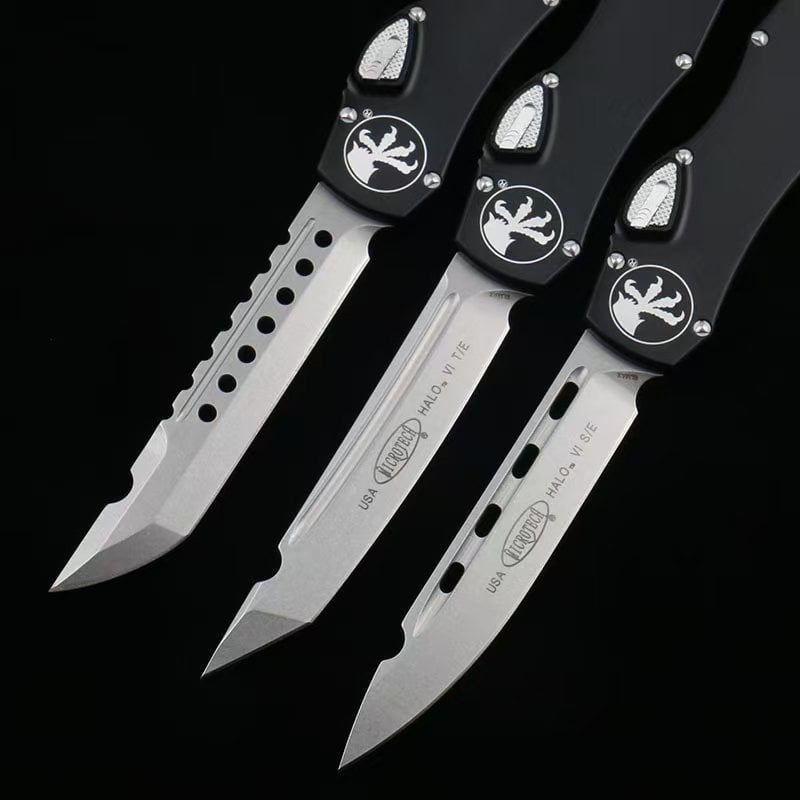 OTF micro-tech black handle Halo 6 lever straight jump knife