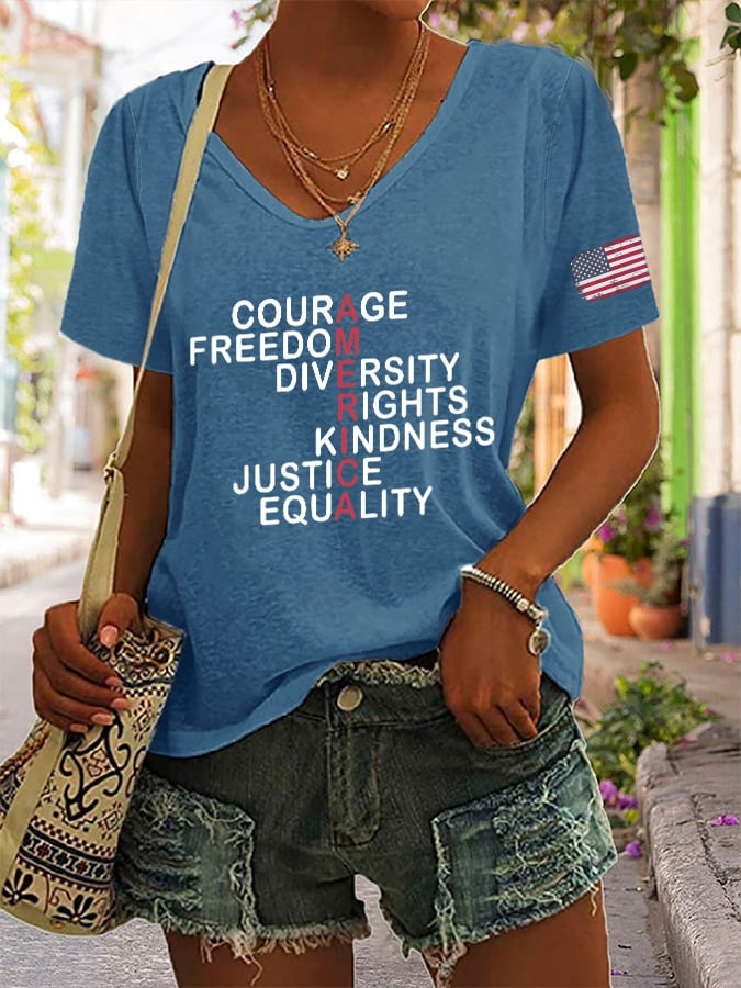 V-Neck Retro America Courage Freedom Diversity Rights Kindness Justice Equality Print T-Shirt