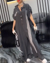 Women's Lapel Half-open Button Denim Print Casual Jumpsuit