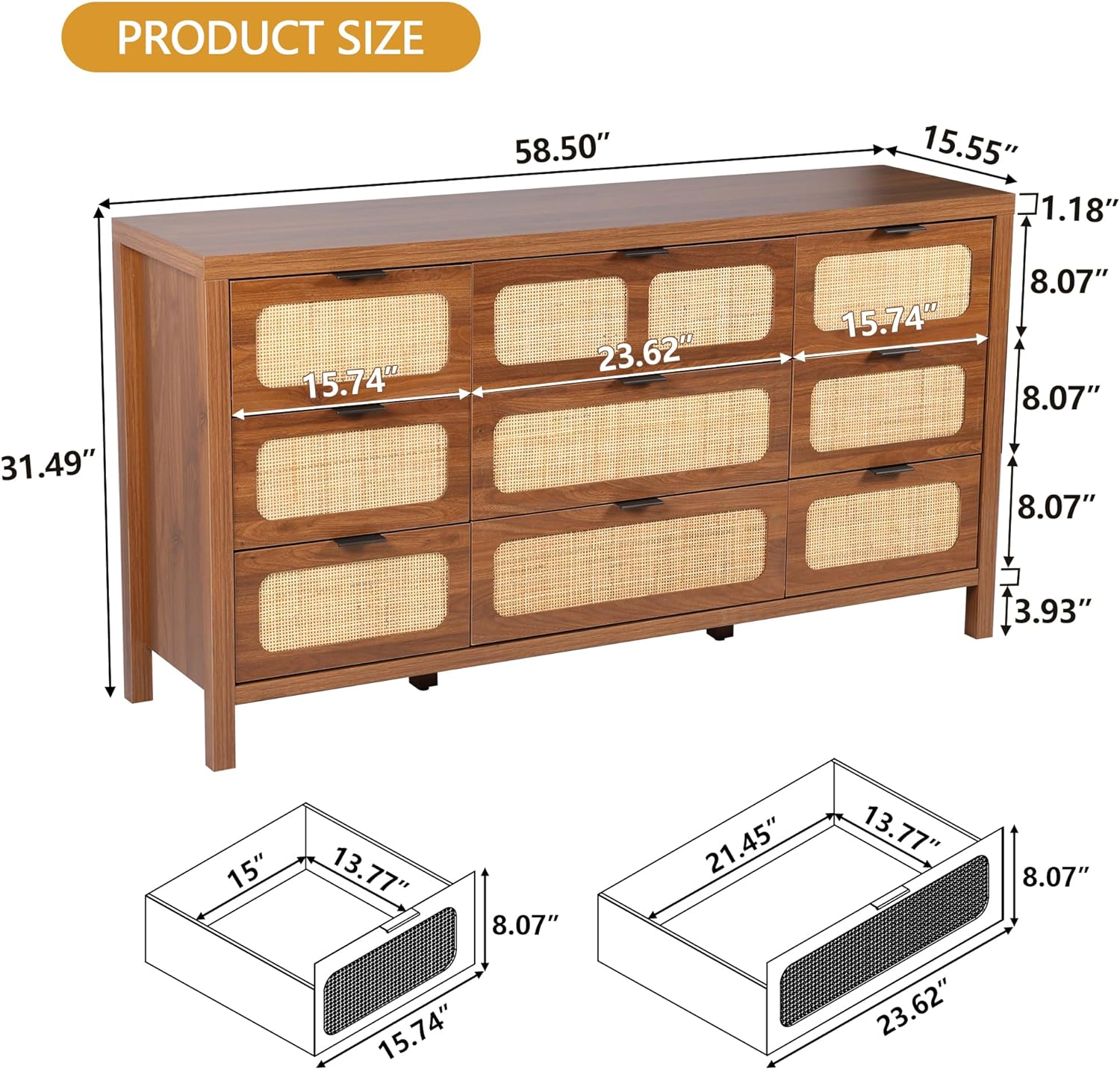 9 Drawer Dresser with Rattan Finish, Modern Farmhouse Chest of Drawers with Metal Handles, Accent Wood Storage Cabinet for Bedroom, Living Room and Kitchen (Natural)