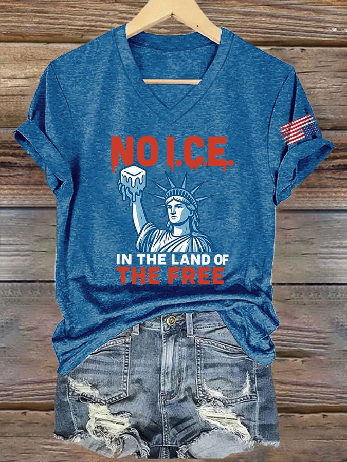 V-Neck Retro 4th Of July No Ice In The Land Of The Free Print T-Shirt