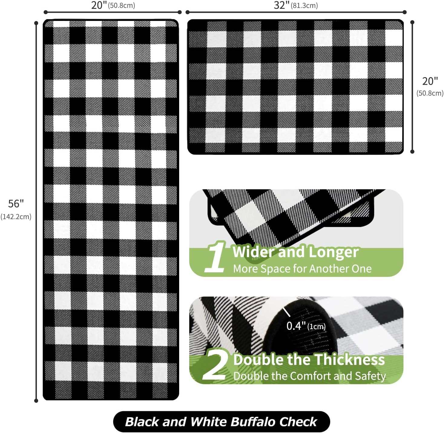 Buffalo Check Plaid Kitchen Rug Set - 2PCS (17x47 & 17x29), Farmhouse Style, Non-Printed Woven Surface, Non-Slip, Machine Washable, Black & White