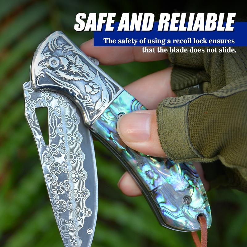 🐺 Damascus Pocket Knife – Handmade VG10 Steel with Abalone Shell Handle