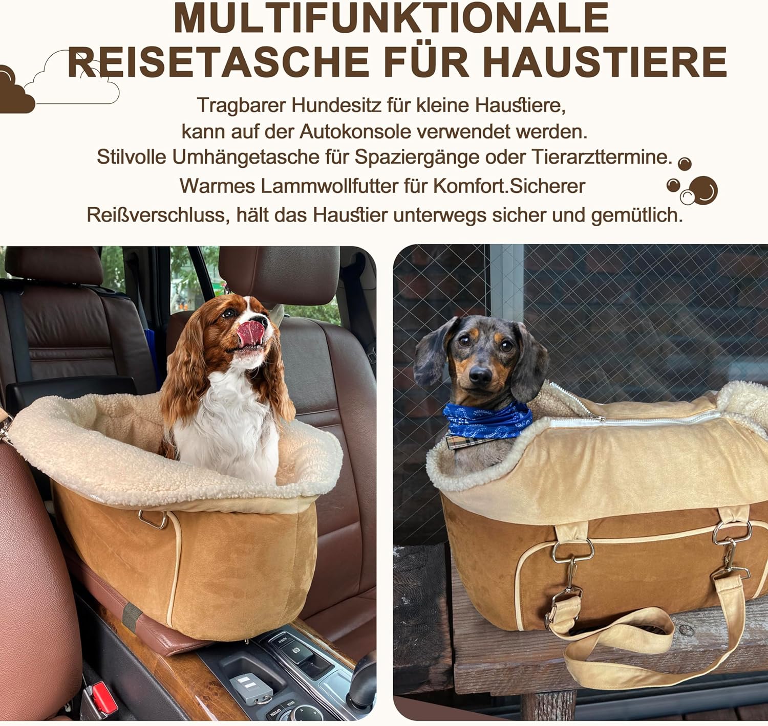 VERCART Hunde Autositz für Kleine Hunde unter 18 kg 2 in 1 Hundeautositz Stabiler Hunde Sitzerhöhung mit Sicherheitsgurten für Haustiere Beige