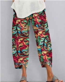 Cross-border women's fashion loose irregular print elastic waistline pocket pants 8863