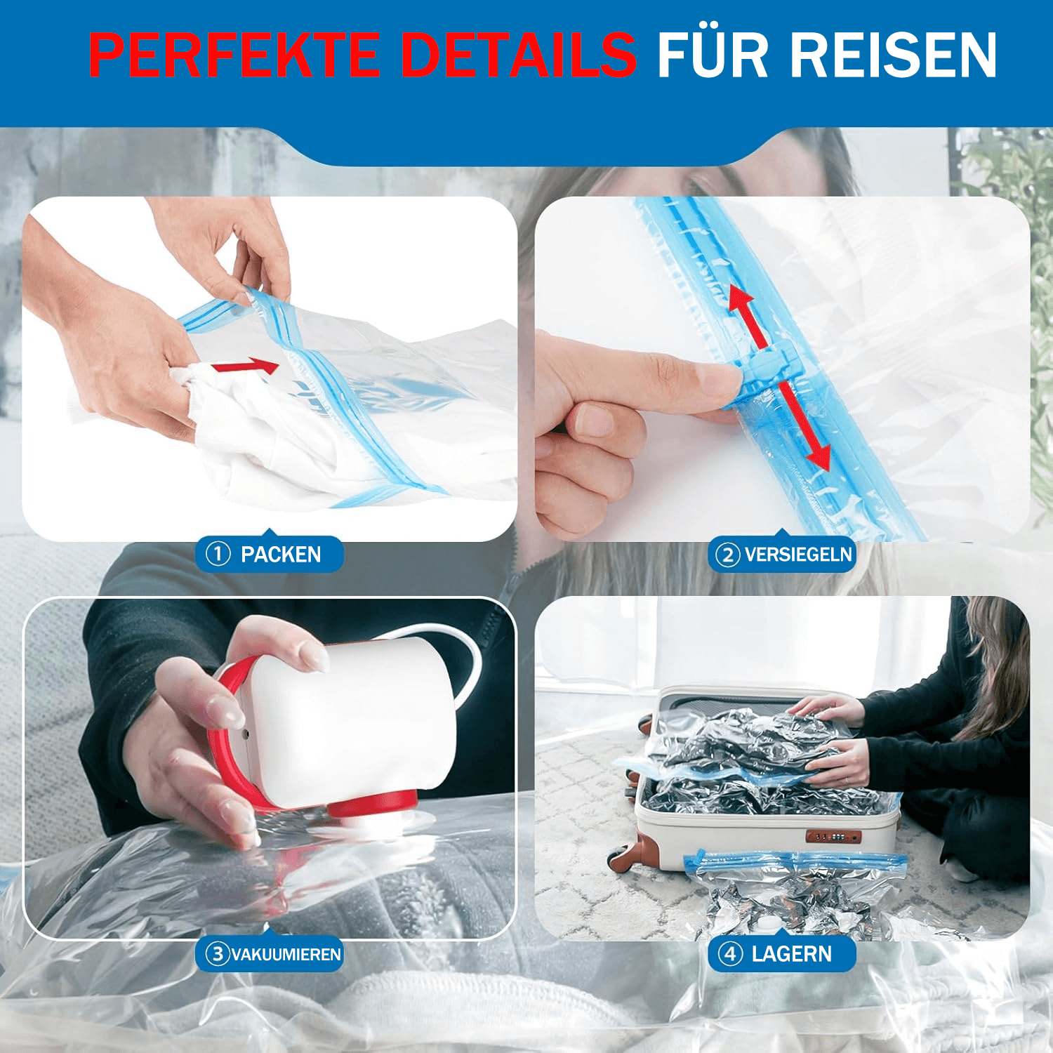 9er-Pack leichte Reisetaschen mit elektrischer Pumpe | Kompakte Vakuum-Aufbewahrungsbeutel für Kleidung | Platzsparende Kompressionsbeutel für unterwegs