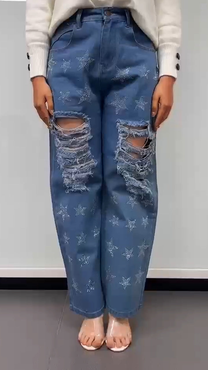 Women's Printed Rhinestone Hollow Casual Jeans