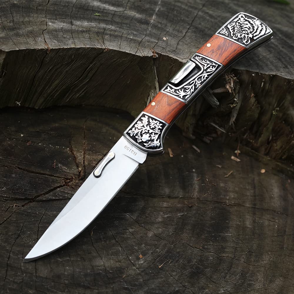 🔪 Folding EDC Pocket Knife – Classic Wood Handle