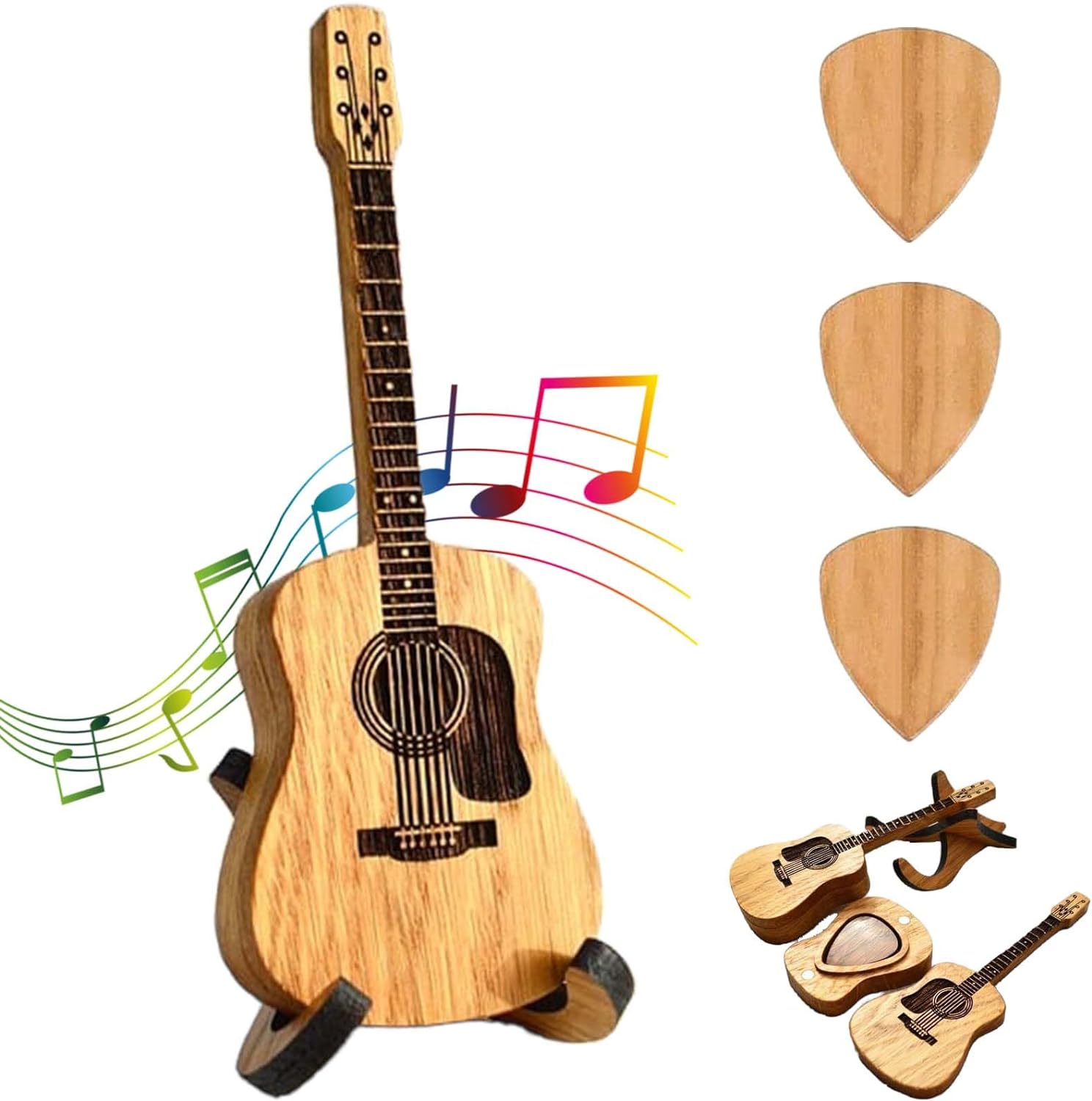 Mini Cute Edition Wooden Guitar Plectrum Case With Guitar Stand(𝐒𝐭𝐞𝐯𝐞 𝐑𝐨𝐬𝐞 𝐇𝐚𝐧𝐝𝐦𝐚𝐝𝐞®)