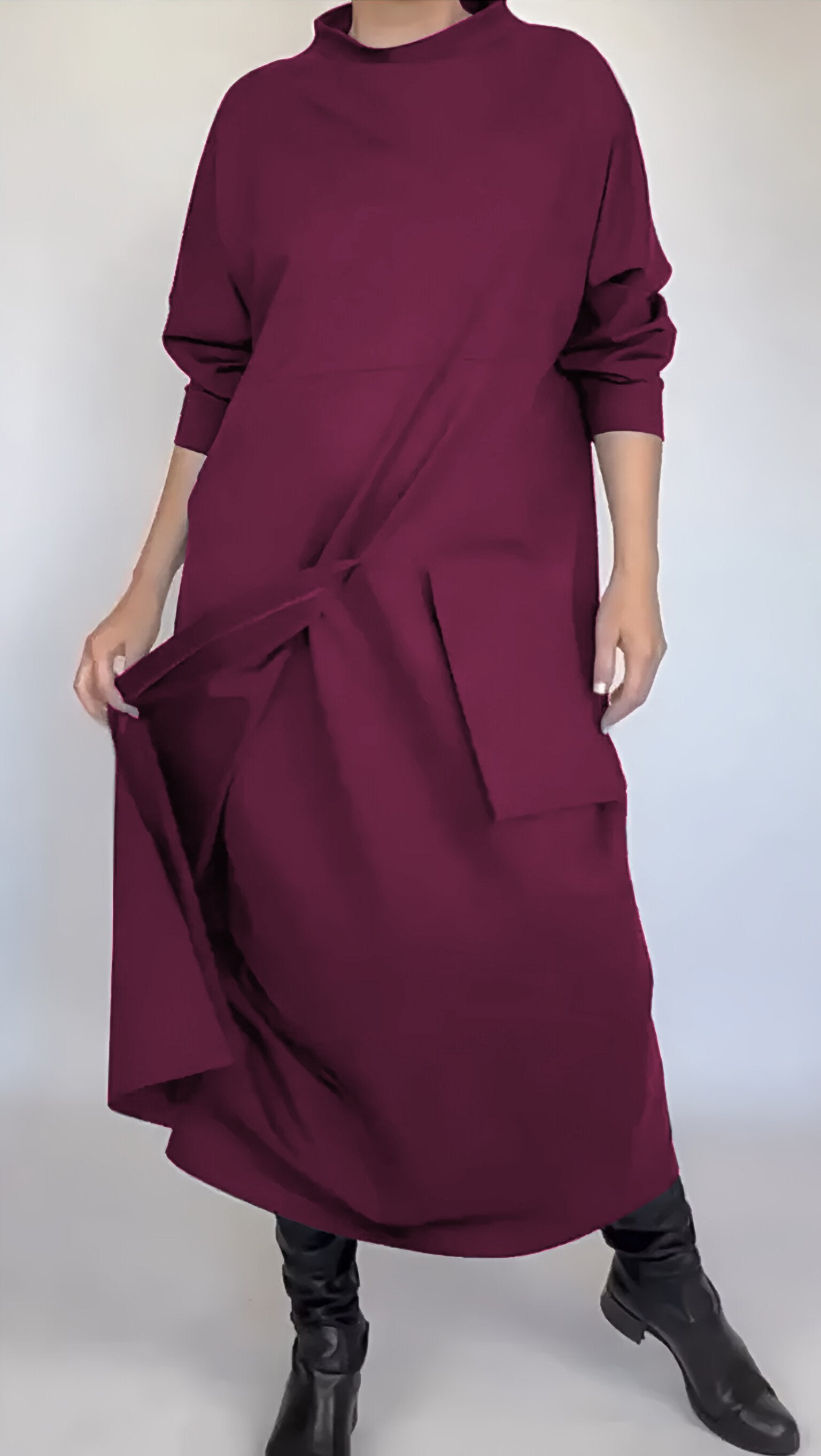 Women's Crew-neck One-pocket Long Sleeve Dress