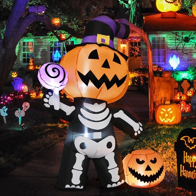 🔥Last Day Promotion - 60% OFF🎁6 FT Outdoor Halloween Inflatables Pumpkin with Skull Body & LED Lights