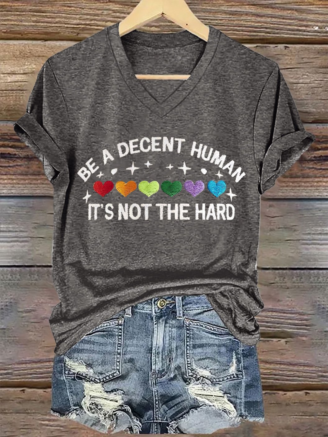 V-Neck Retro Be A Decent Human It's Not The Hard Print T-Shirt