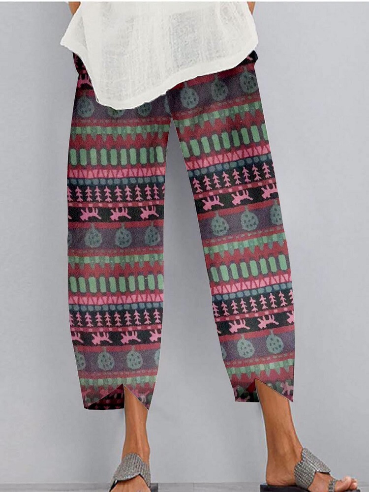 Women Loose Printed Elastic Waist Pocket Pants