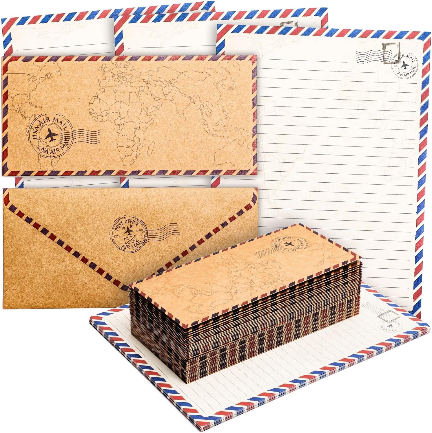 96 Pack Vintage-Style Airmail Stationery Set (48 Lined Paper Sheets with Matching Envelopes) for Letter Writing, Travel Map Design