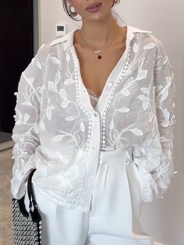 Women's Lapel Leaf Embroidered Button Casual Top
