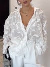 Women's Lapel Leaf Embroidered Button Casual Top