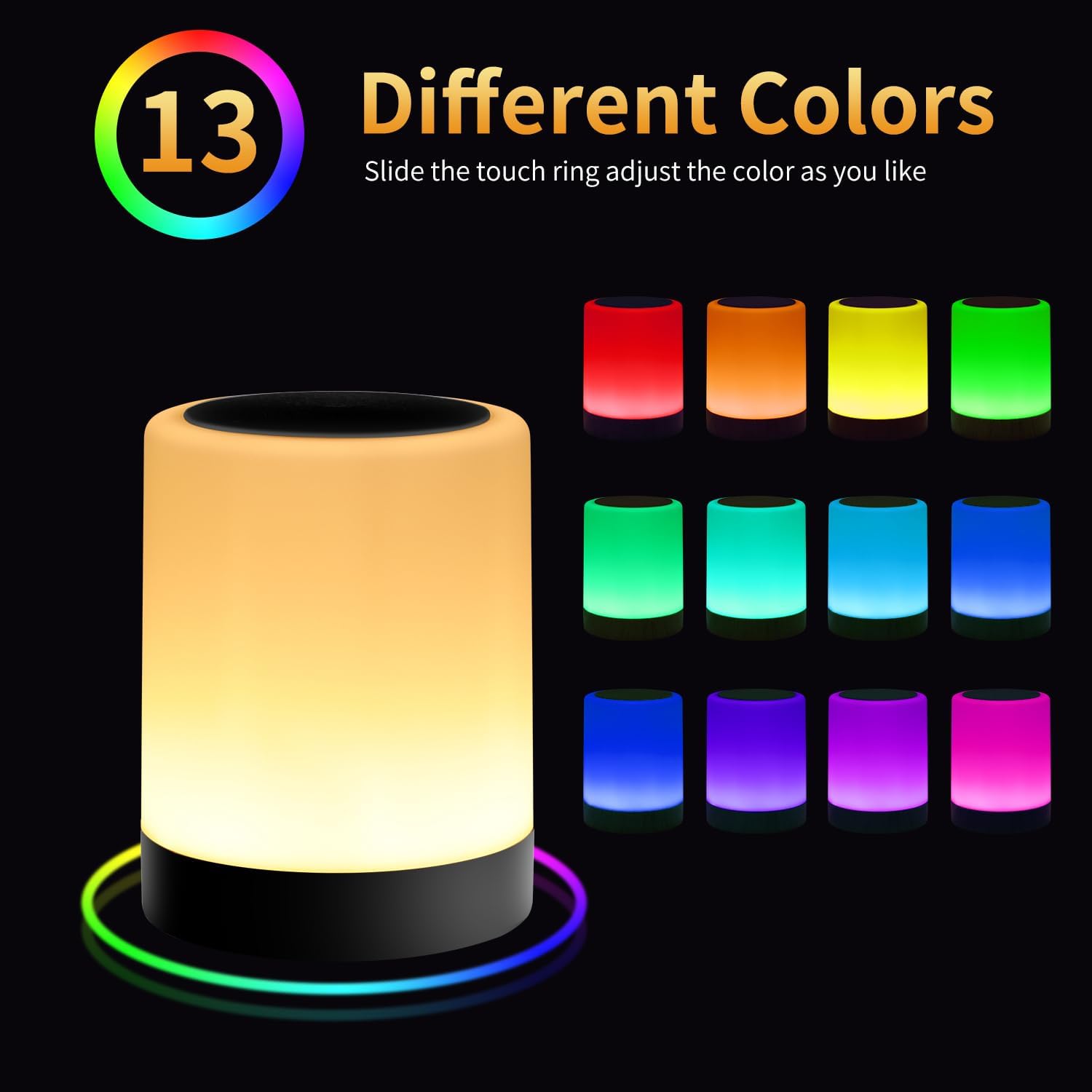 Touch Bedside Table Lamp,13 RGB Colors & 5 Brightness, USB Rechargeable Desk Lamp, Remote Control Dimmable Night Light with RGB Color Changing,Portable Lamp for Baby, Bedroom, Living Room