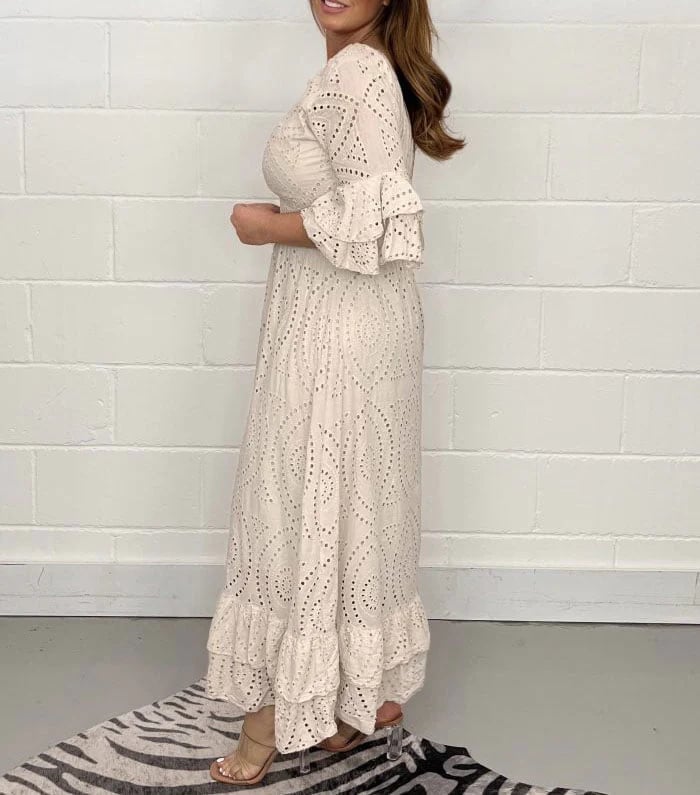 (🔥Last Day Promotion 50% OFF) Embroidery Anglaise Frill Sleeve Midi Dress - Buy 2 Get Extra 10% OFF & Free Shipping