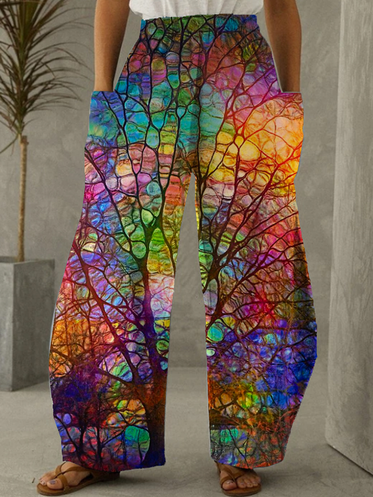 Women Cotton Colorful Tree Printed Loose Elastic Waist Pants