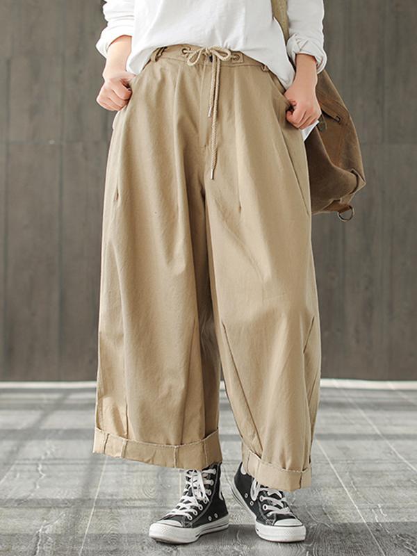 Odessa Vintage Loose Belted Ruffle Cotton Wide Leg Pants with Turnover Hems