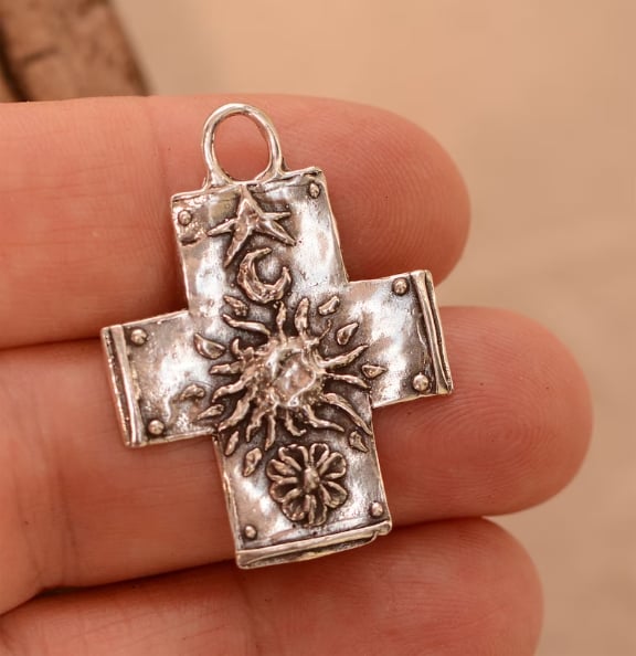 ✝️100% Handmade Silver Cross With Sun, Moon, Star and Flower (𝐒𝐭𝐞𝐯𝐞 𝐑𝐨𝐞𝐬 𝐇𝐚𝐧𝐝𝐦𝐚𝐝𝐞®)
