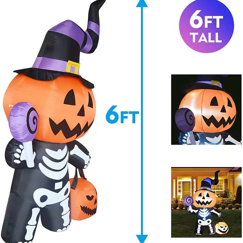 🔥Last Day Promotion - 60% OFF🎁6 FT Outdoor Halloween Inflatables Pumpkin with Skull Body & LED Lights