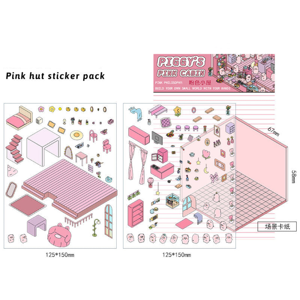 3D Sticker Scene, DIY Pink Hut|Coffee Cat Loft|Penguin Ice Cream|Bunny Store