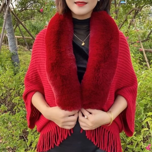 (🌲Early Christmas Sale - 49% OFF) 🔥2024 New Winter Knit Fringe Fur Collar Shawl, BUY 2 FREE SHIPPING