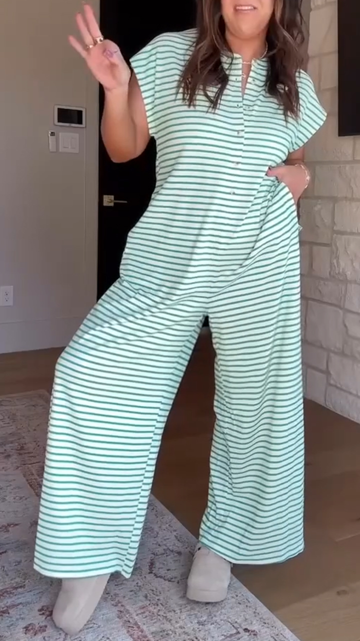 Women's V-neck Striped Loose Casual Jumpsuit