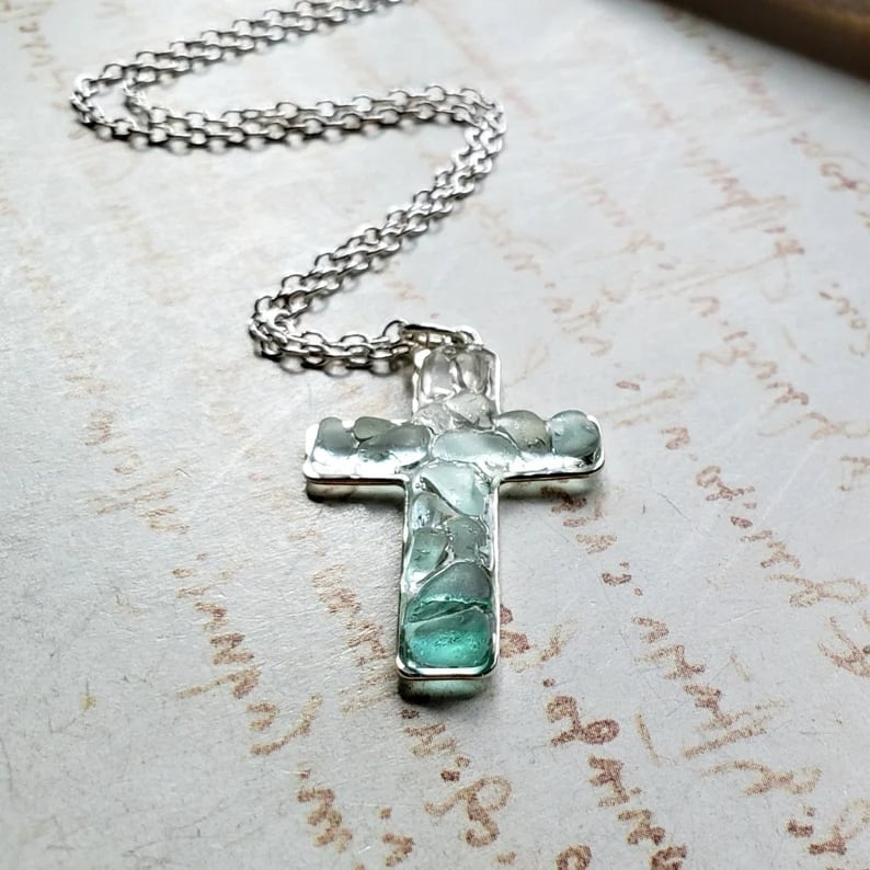 ✝️Handmade  Sea Glass 925™Silver Cross Necklace🌊