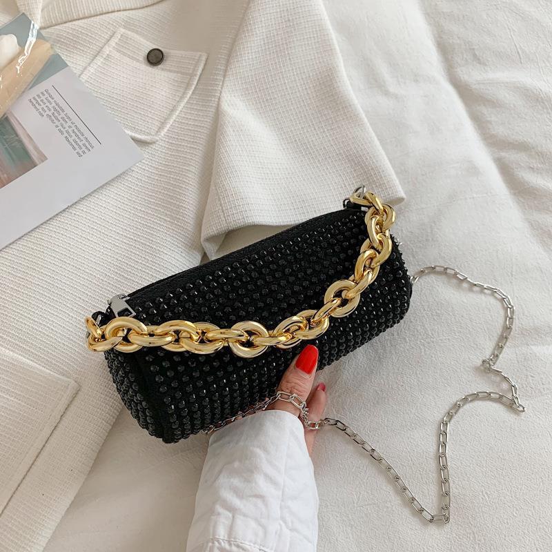 Women's shoulder bag full of diamonds, fashionable and versatile, bright diamond cylindrical bag