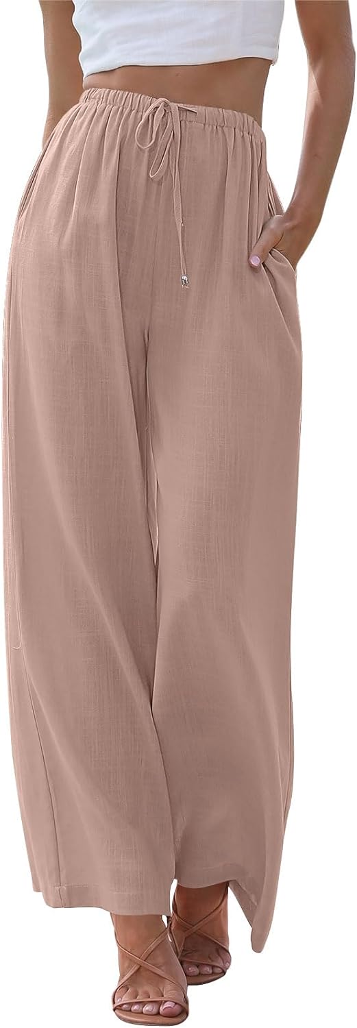 LILLUSORY Women's Linen Summer Palazzo Pants Flowy Wide Leg Beach Pants with Pockets