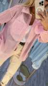 Women's Shiny Round Neck Gold-stamped Striped Casual Shirt