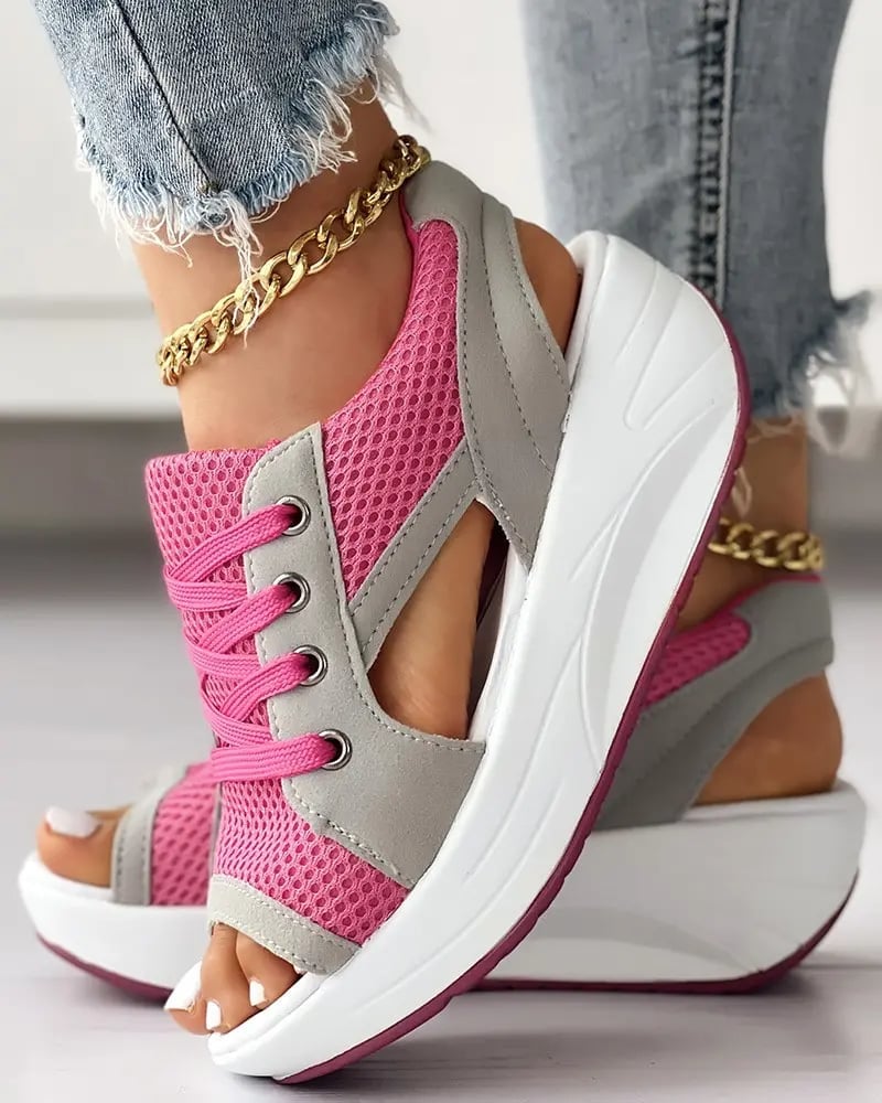 (🎉Last Day Promotion 50% OFF) Contrast Paneled Cutout Lace-up Muffin Sandals - Buy 2 Get Extra 10% OFF & FREE SHIPPING