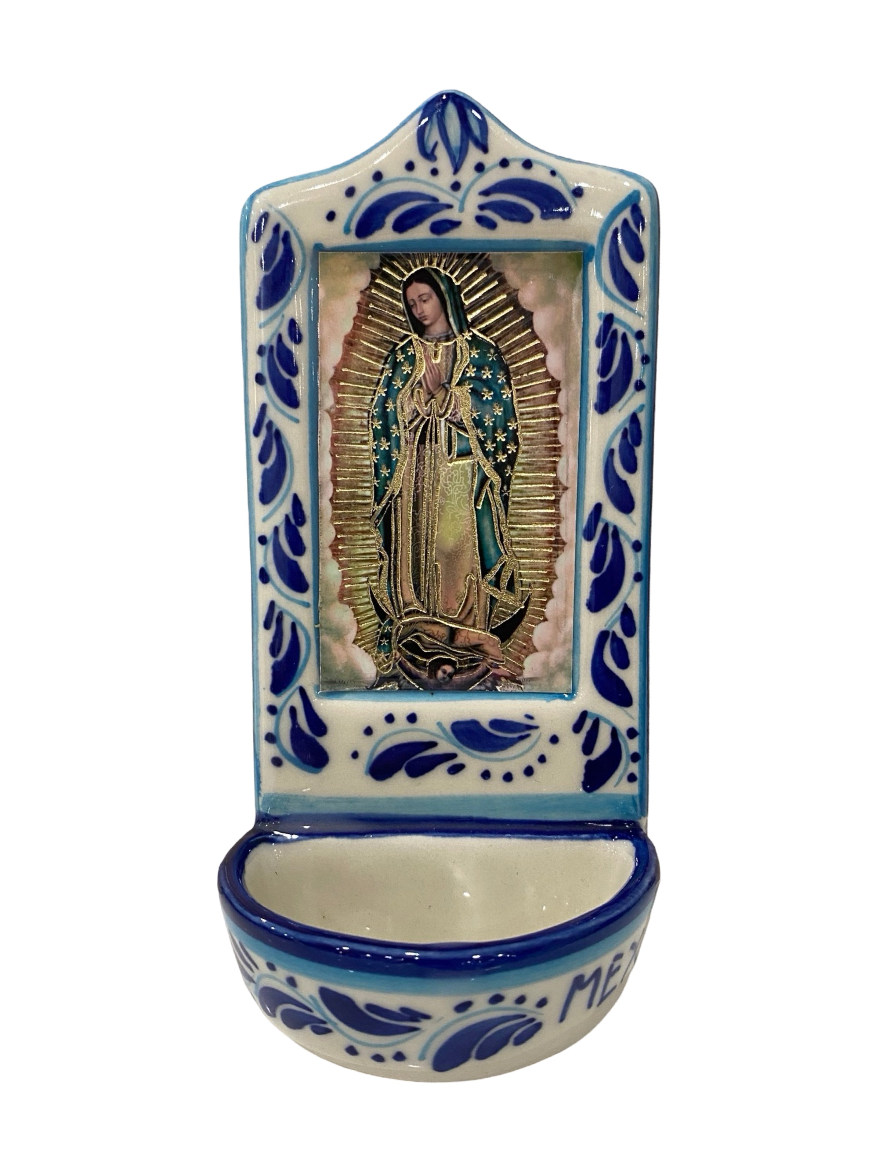 Pila de agua bendita de cerámica pintada Nuestra Señora de Guadalupe