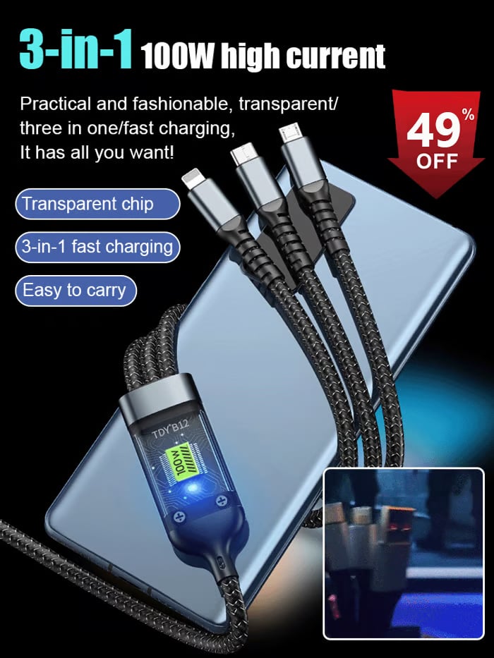 💥LAST DAY SALE 50% OFF💥Transparent Luminous Super Fast Charging 3-in-1 Data Cable⚡Buy 1 Get 1 Free