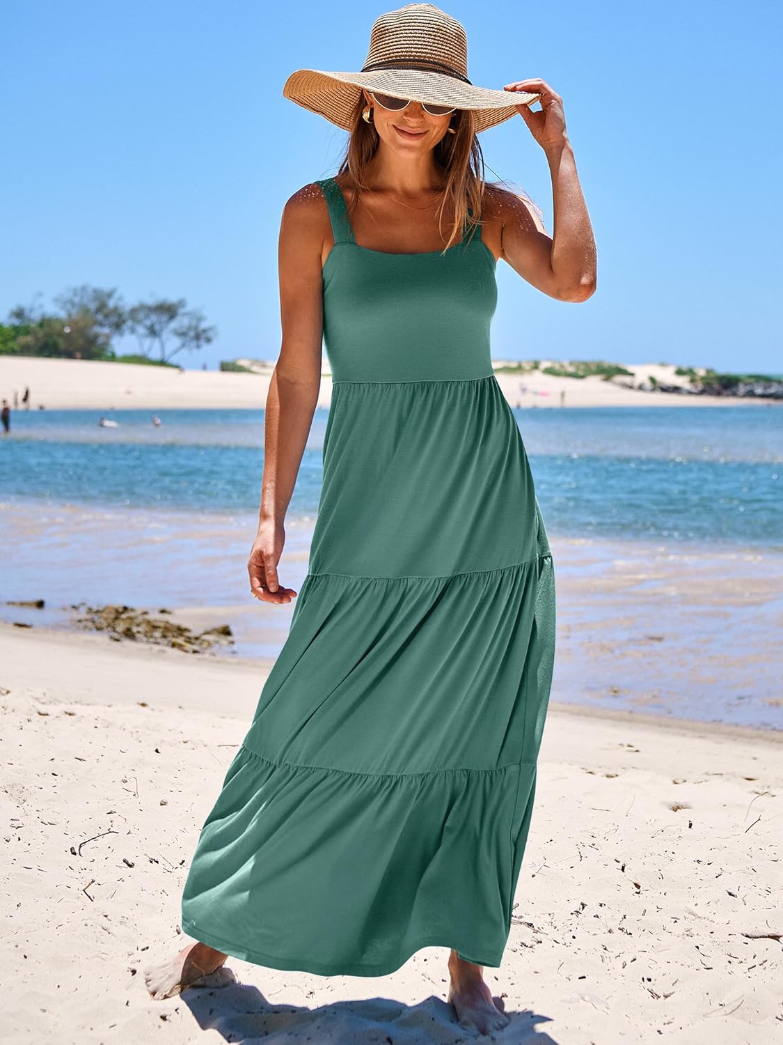 ANRABESS Women Dresses 2024 Summer Sleeveless Maxi Dress Casual Spaghetti Strap Tiered Flowy Beach Long Sun Dress