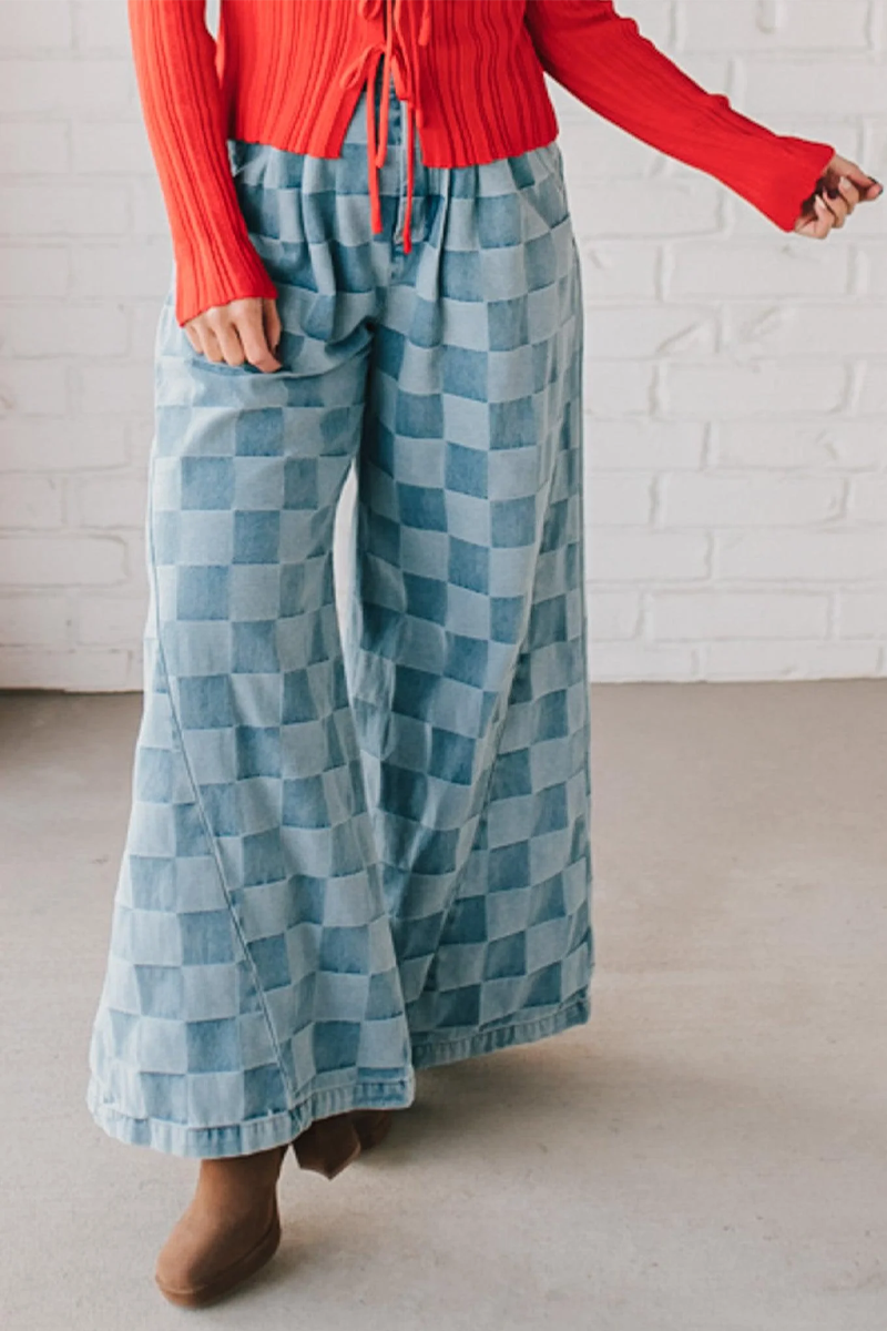 Women's Fashion High Rise Plaid Wide Leg Jeans