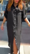 Ladies' Collar Solid Color Slit Loose Casual Dress