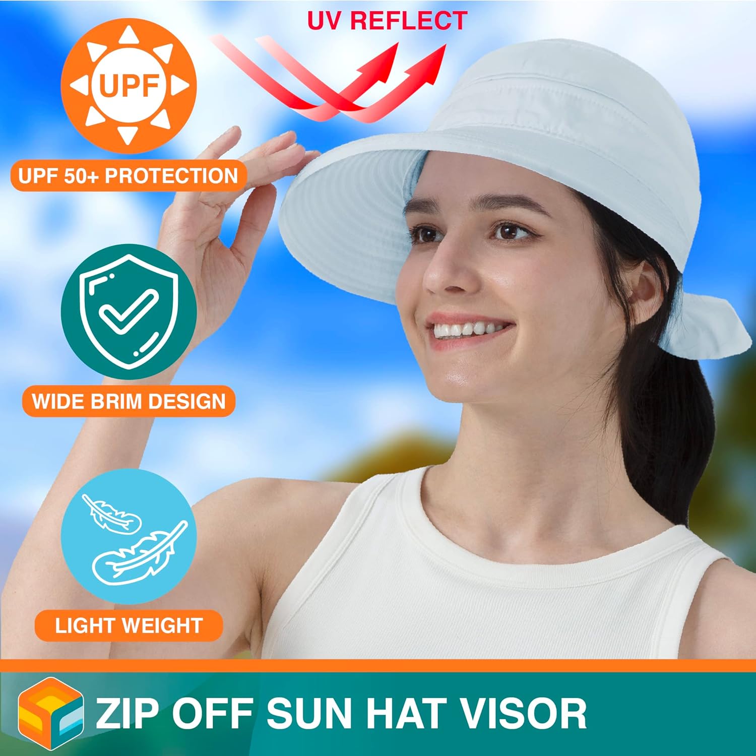 SUN CUBE Women Sun Hat for Outdoor UV Protection, Wide Brim Sun Hat Ponytail, Convertible Zip-Off Beach Hat Visor