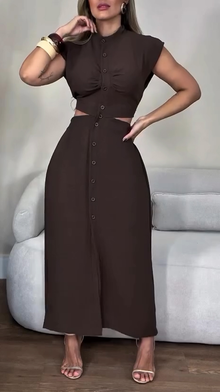 Women's Round Neck Buttoned Hollow Waist Casual Dress
