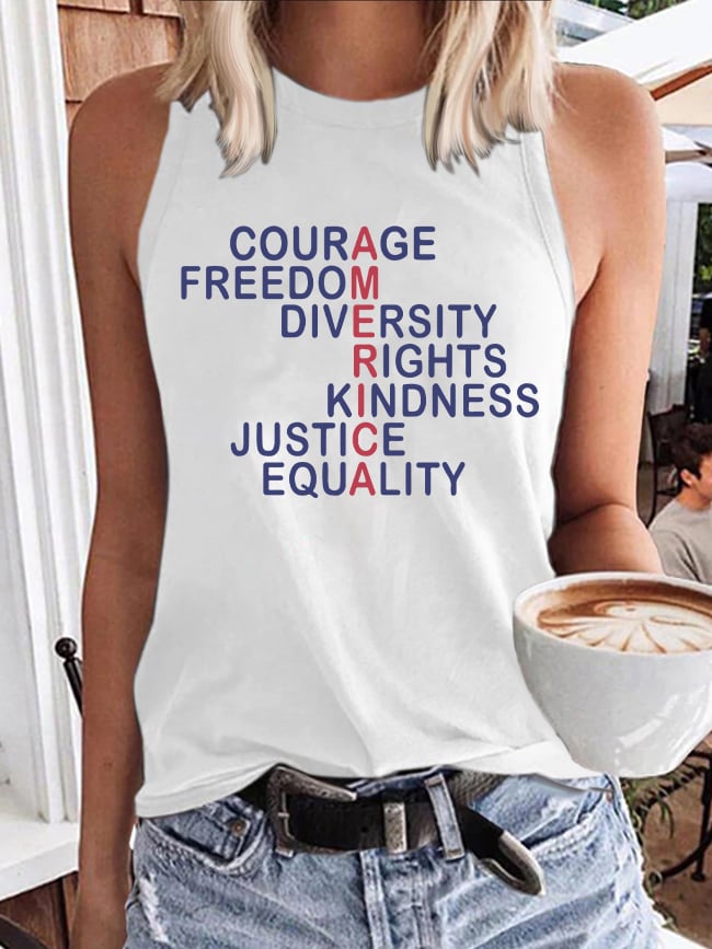 Retro America Courage Freedom Diversity Rights Kindness Justice Equality Print Tops Tank