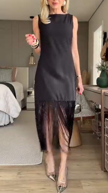 Ladies' Square Collar Patchwork Tassel Temperament Dress